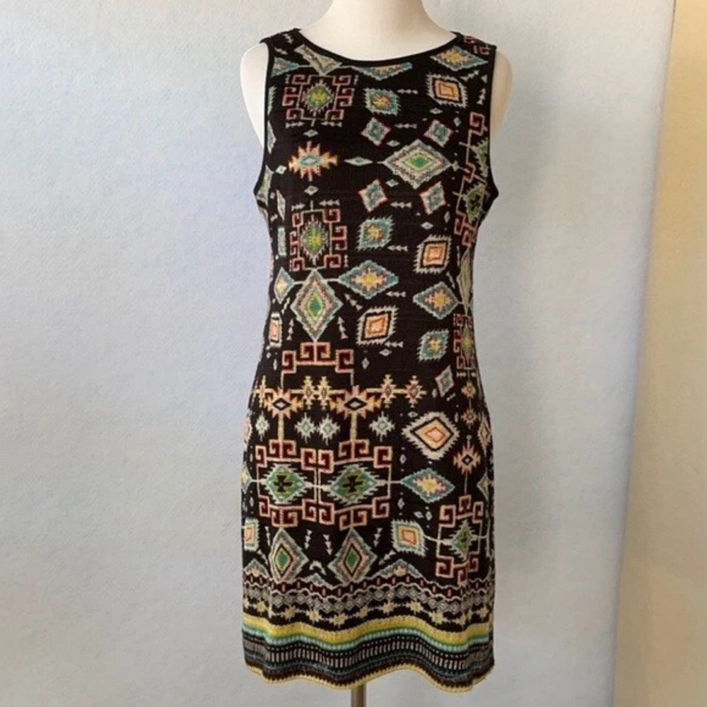 Xhilaration Boho Aztec Print Dress Black Multicolor Keyhole Back | Size Small